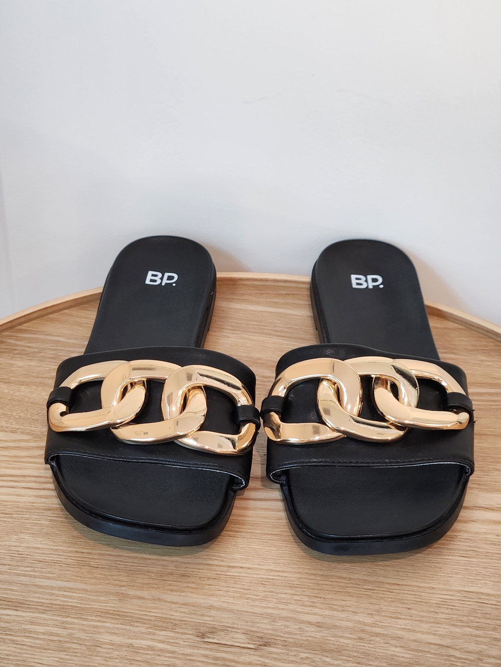 Brass Plum BP. Black Slide Sandals Mules with Oversized Gold Chain